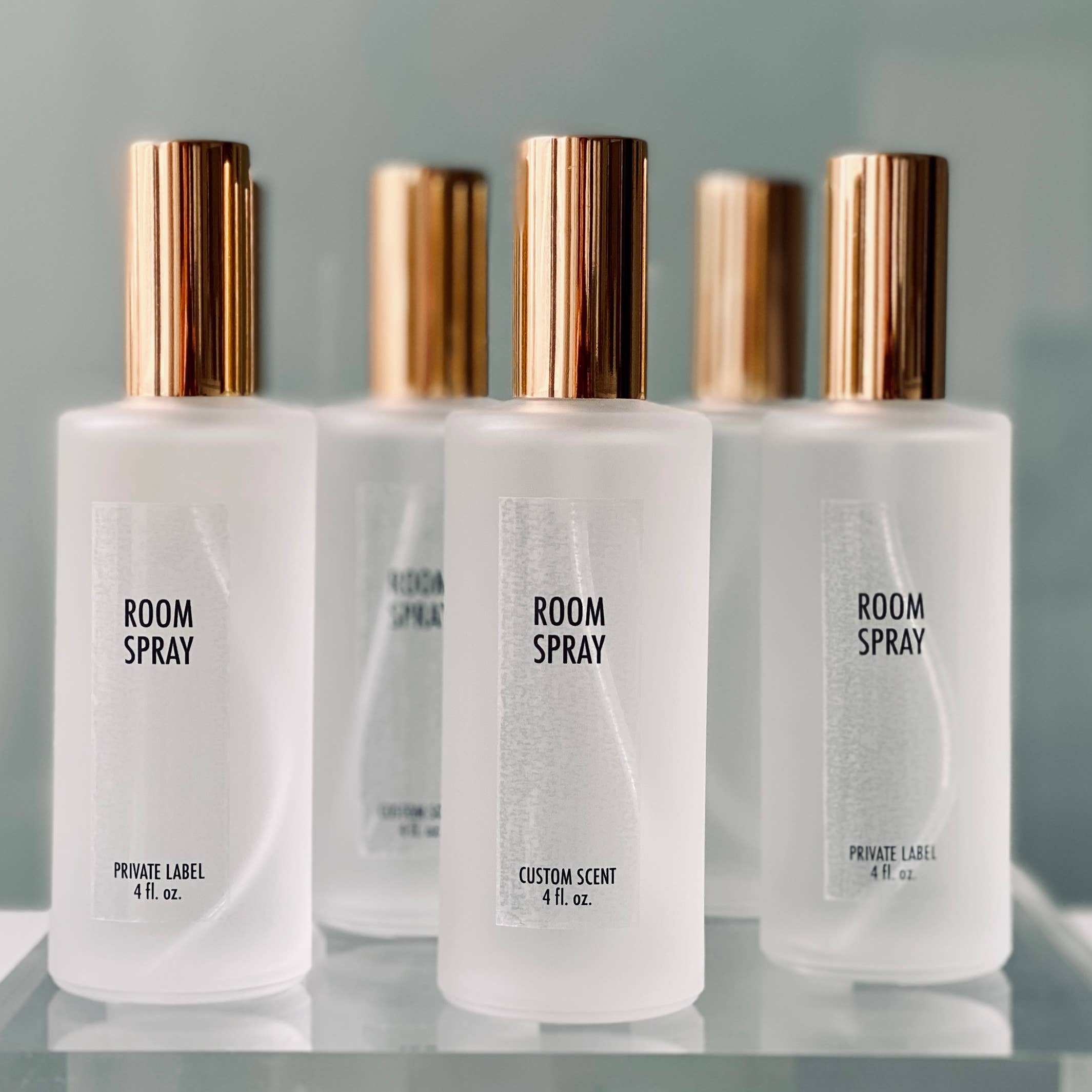 Room & Linen Spray Gold Top | Private Label Custom Scents: Sandalwood / Frosted glass